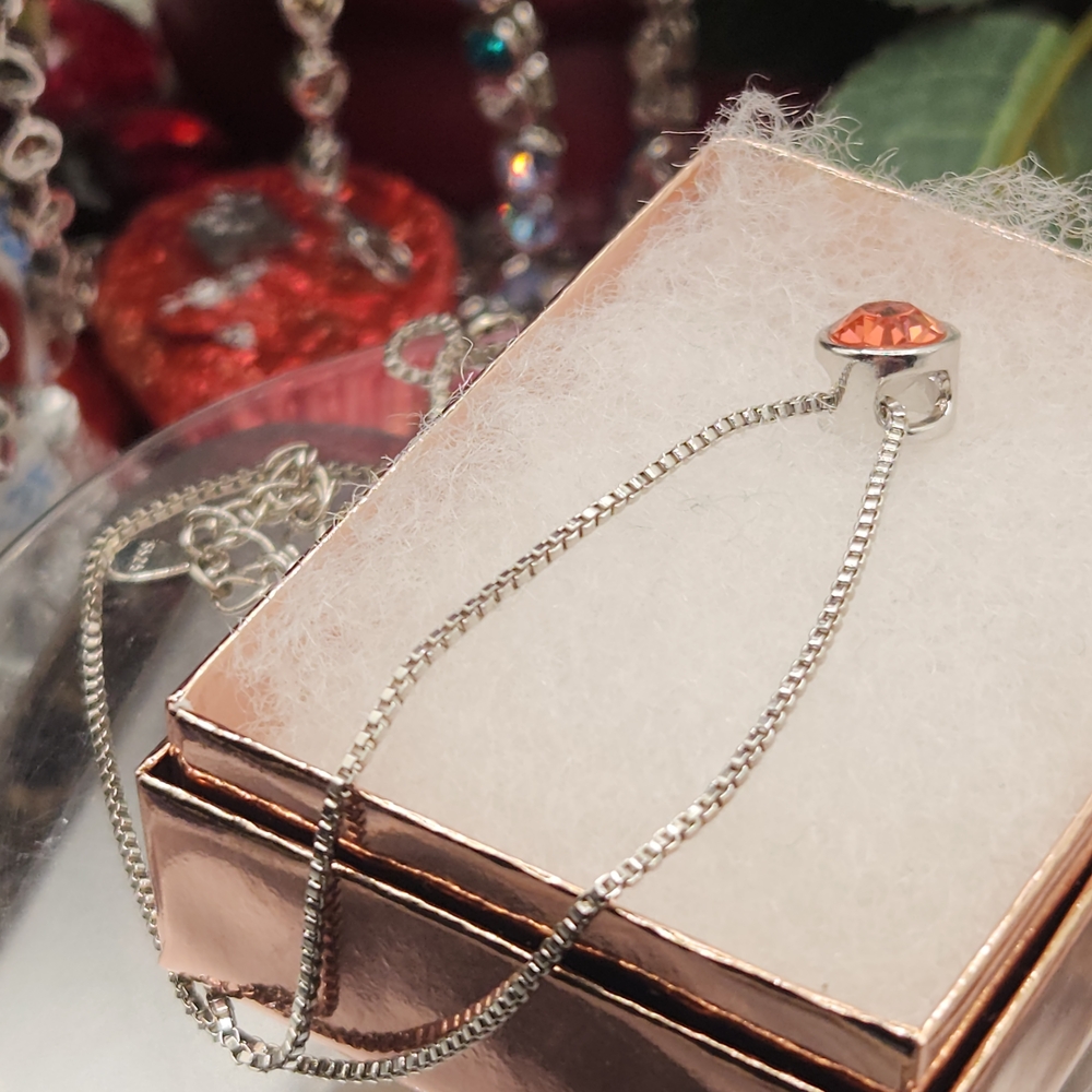 Elegant Swarovki Crystal's Solitaire Pinkish Orange Silver Necklace 18" - Picture 9 of 11